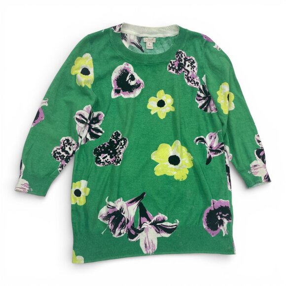 J. Crew Tippi Floral Green Cotton Lightweight Sweater Flowers Women's Medium - Picture 1 of 10